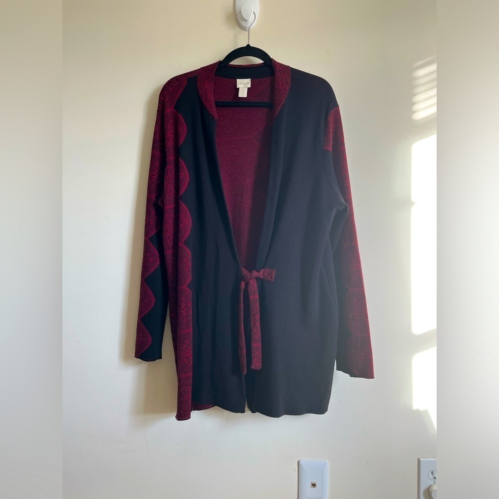 Chico’s Intarsia Black/Red Knit Blazer Tunic Cardigan Sweater 100% Cotton L/XL